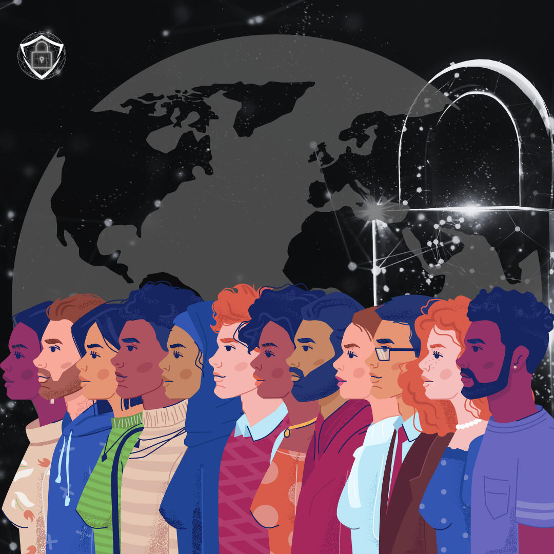 Illustration of diverse target customers: aspiring cybersecurity professionals, current experts, organizations, and students, represented with different personas.